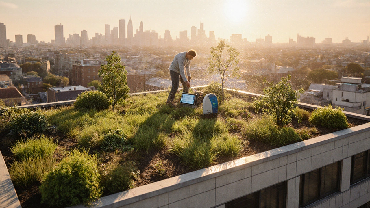 Intensiv begrüntes Dach mit Sträuchern und Tropfbewässerung, Bewohner prüft Bodenfeuchtesensor.
