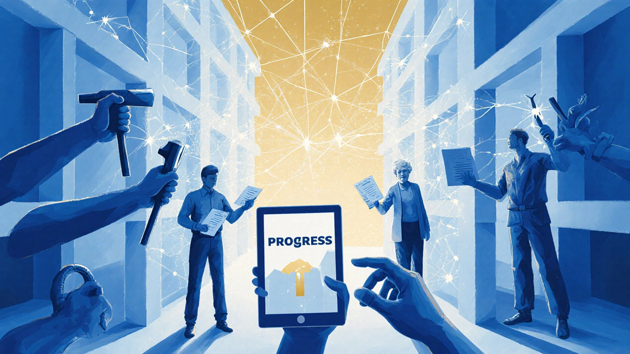 Menschen mit Händen, die durch Wände greifen, symbolisieren Zusammenarbeit bei der Sanierung