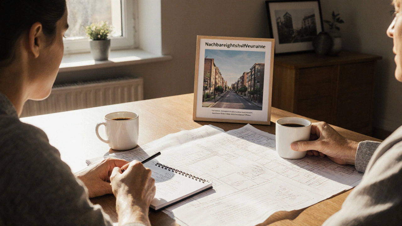 Nachbarn vereinbaren einen Bau im Wohnzimmer mit schriftlichen Absprachen.