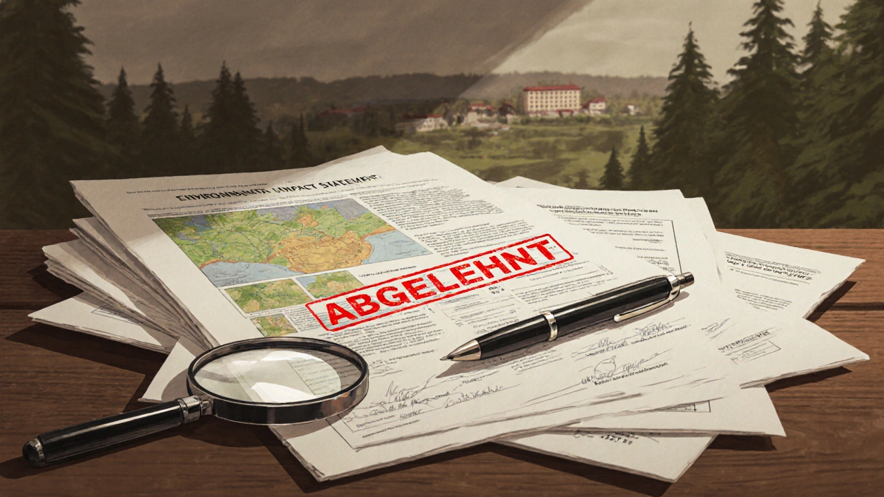 Offizielle Bauunterlagen mit Ablehnungsstempel auf einem Tisch, umgeben von Karten und Gutachten.