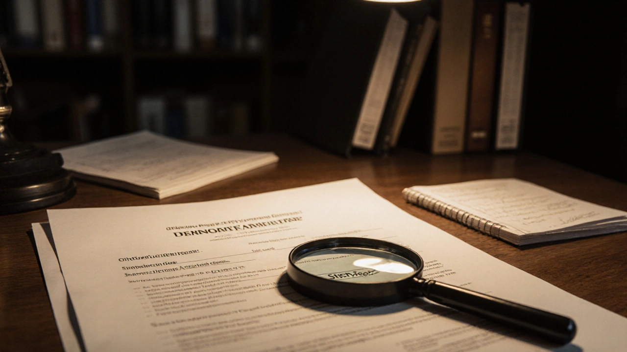 Offizielles Gutachten auf einem Schreibtisch neben dem Sterbeurkunde, mit Vergrößerungsglas über dem Stichtag.