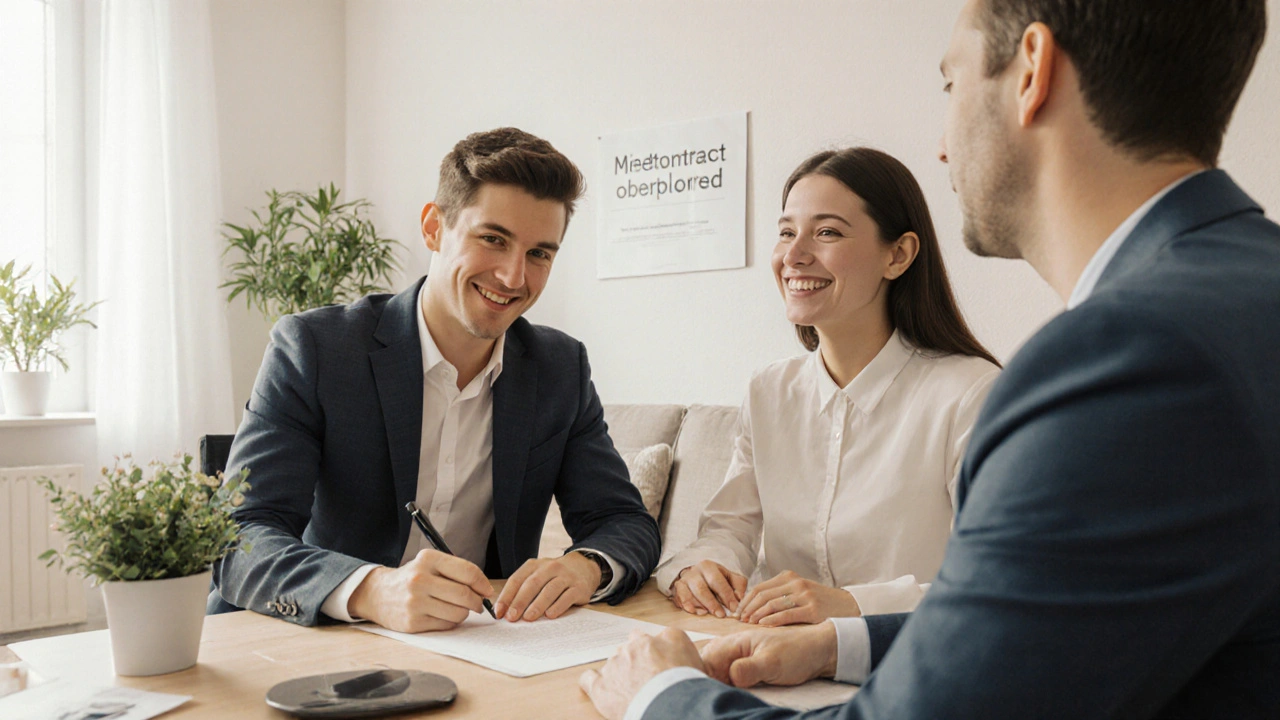 Paar unterschreibt Vertrag mit zufriedenem Mieter in einer hellen, gut eingerichteten Wohnung.
