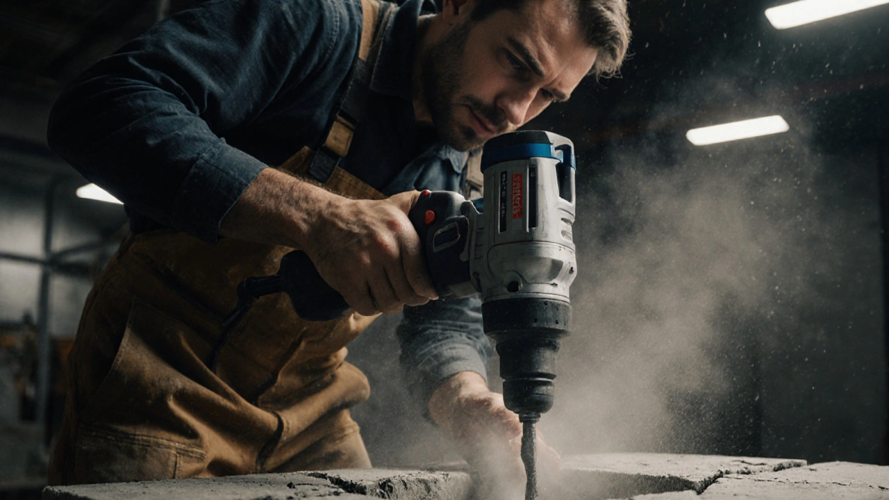 Professioneller Bohrhammer bohrt in Stahlbeton, Staubwolke, Techniker in Arbeitskleidung.