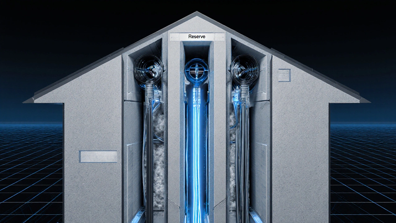 Querschnitt einer Wand mit drei Leerrohren: zwei belegt, eines als Reserve leer, mit digitalen Datenströmen.