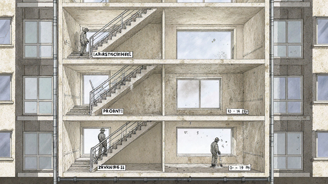 Querschnitt eines Mehrfamilienhauses mit parallel laufenden Sanierungsabschnitten