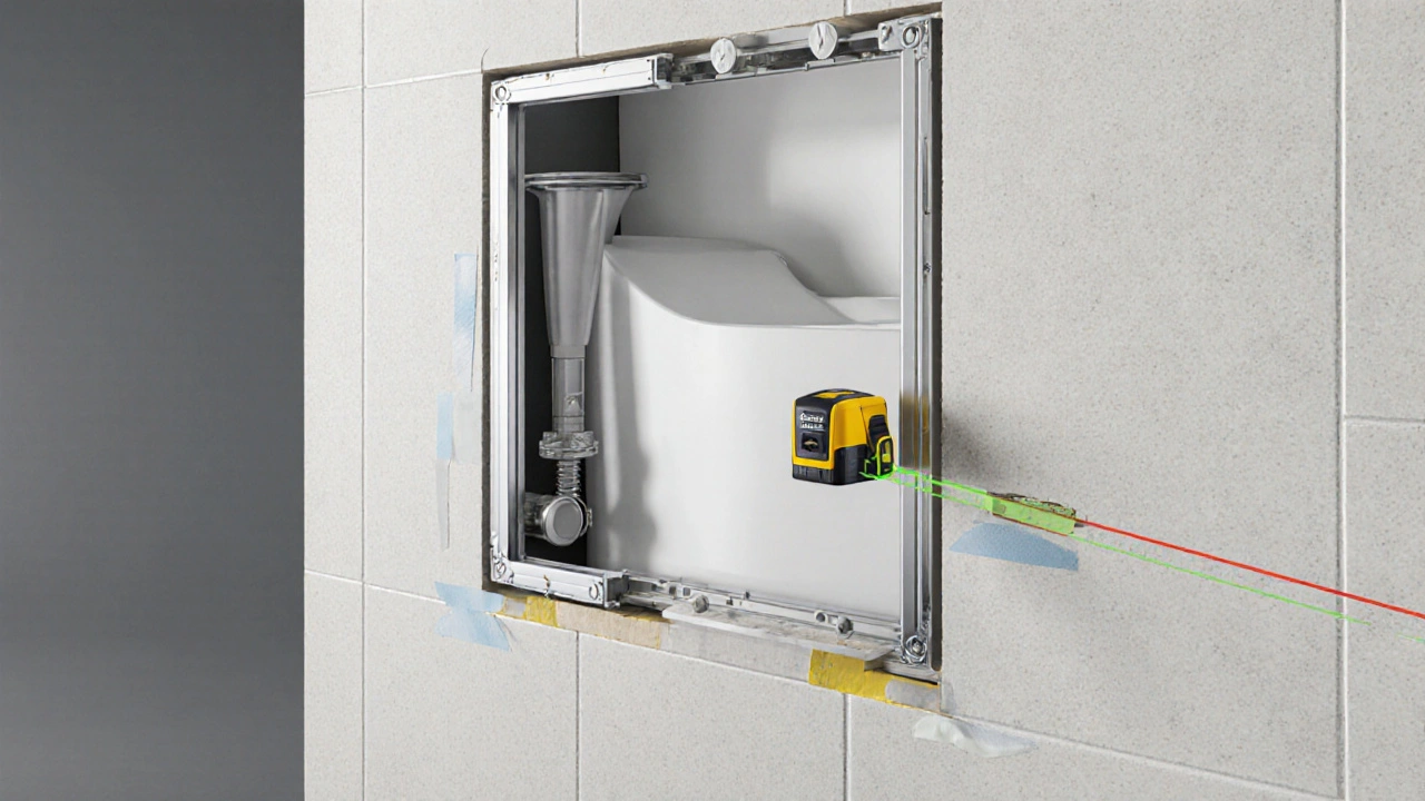 Schnittansicht einer Wand mit Tragrahmen, Spülkasten und präzisem Bohrloch für die Montage.