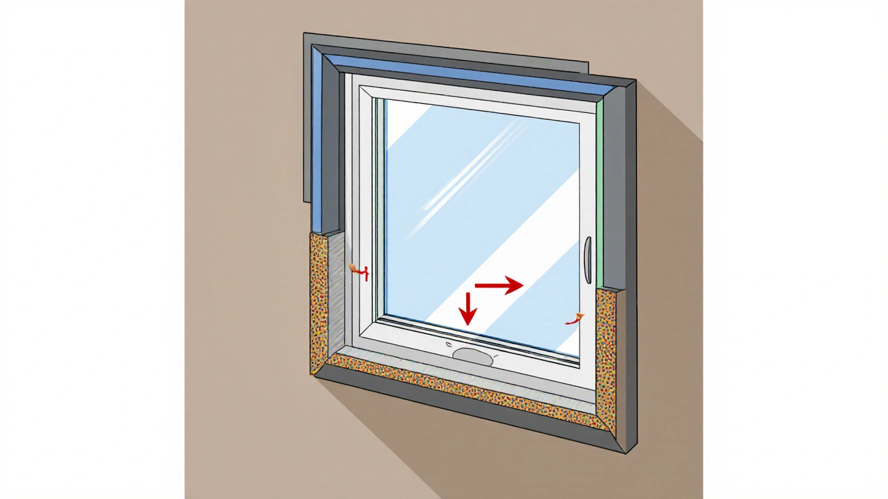 Schnittansicht eines Fensteranschlages mit drei Schichten: Abdichtung, Dämmung und Luftdichtheit.