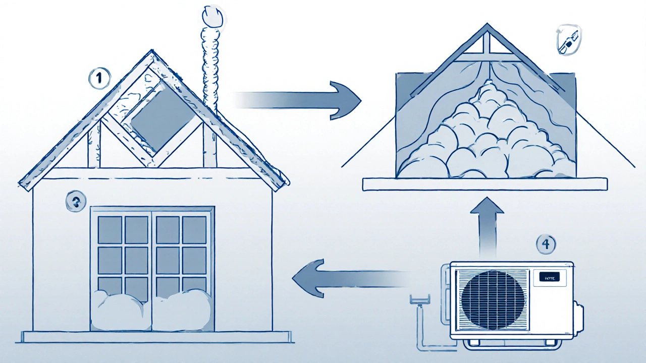 Schritt-für-Schritt-Diagramm der energetischen Sanierung: Luftdichtigkeit, Dämmung, Fenster, Heizung.