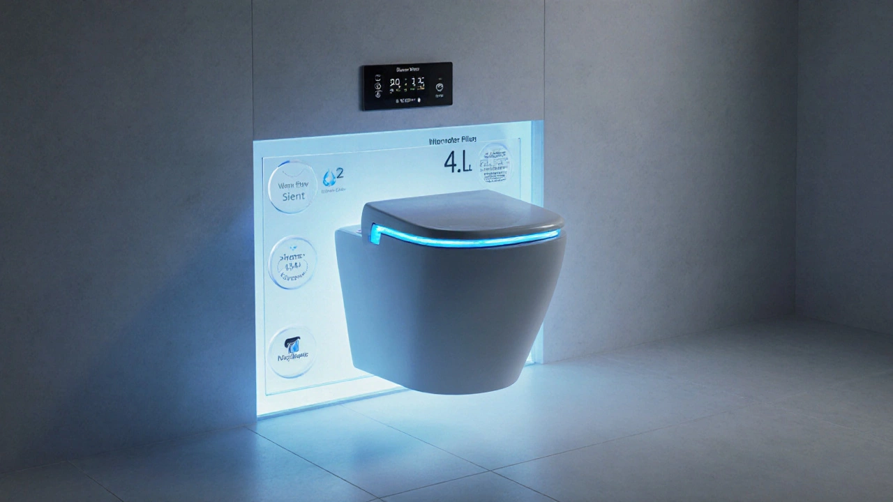 Smartes Hänge-WC mit LED-Beleuchtung und digitaler Wasserverbrauchsanzeige in einem futuristischen Bad.