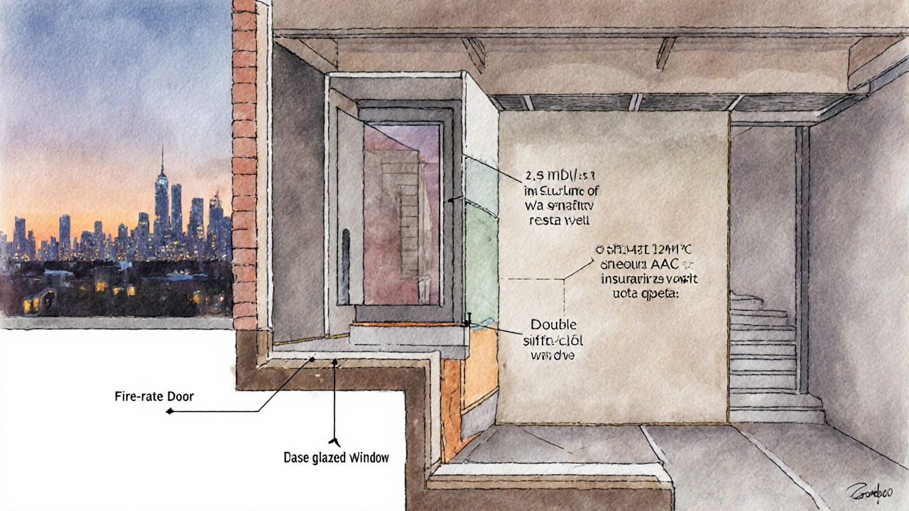 Technische Schnittansicht eines genehmigten Kellerausbaus mit Deckenhöhe, Fensterfläche und Brandschutztür.