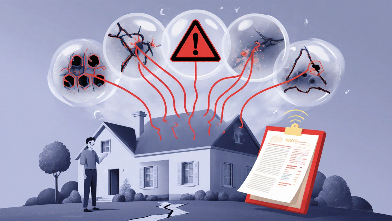 Transparente Darstellung verborgener Schäden wie Asbest, Wasser und Risse über einem alten Haus.