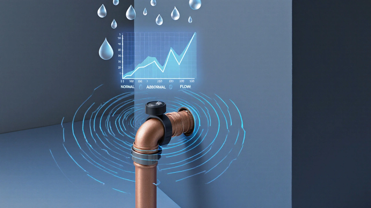 Ultraschall-Sensor an einer Rohrleitung misst ungewöhnlichen Wasserfluss, bevor ein Leck sichtbar wird.