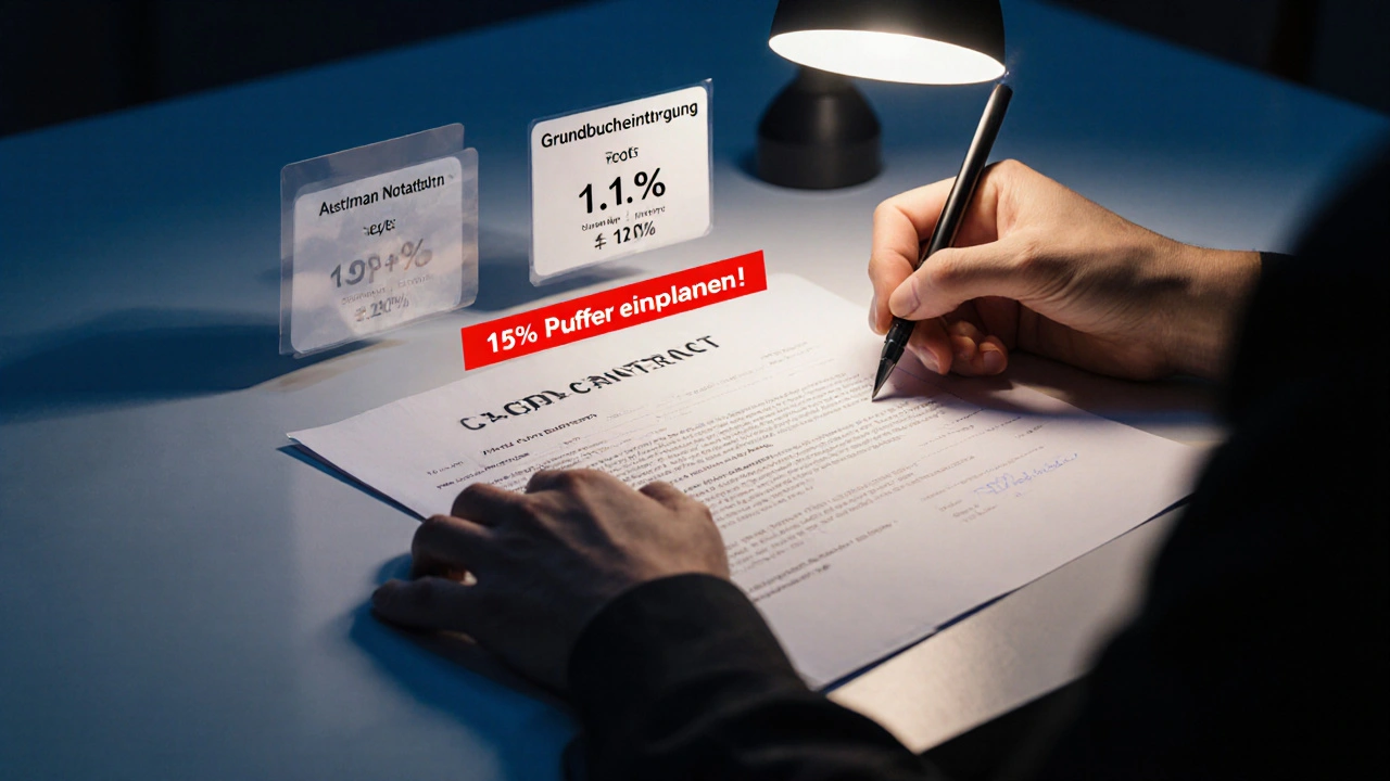 Unterschriebener Kaufvertrag mit schwebenden Kostenangaben für drei Länder und Warnhinweis.