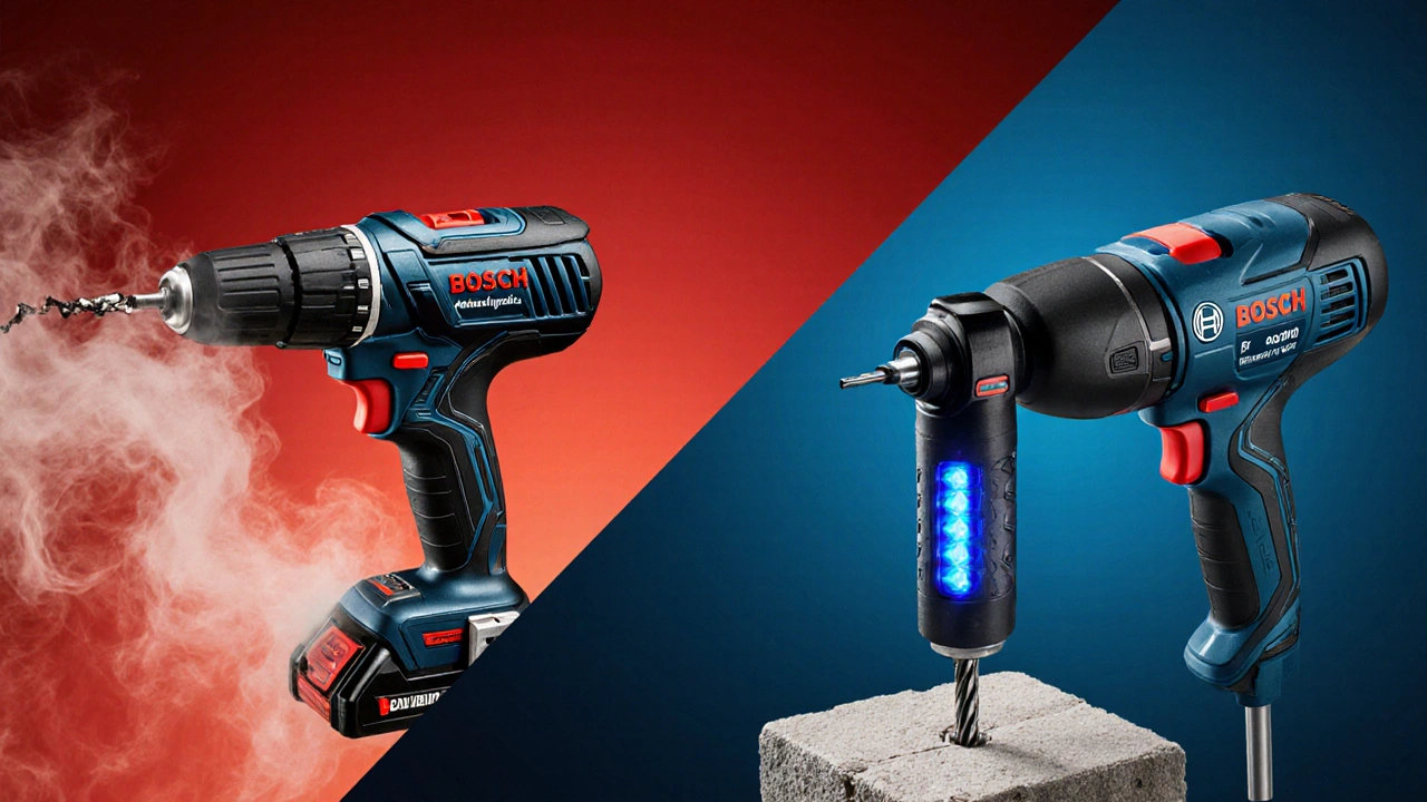 Vergleich: kaputter billiger Bohrer links, modernes Werkzeug rechts, technische Darstellung.