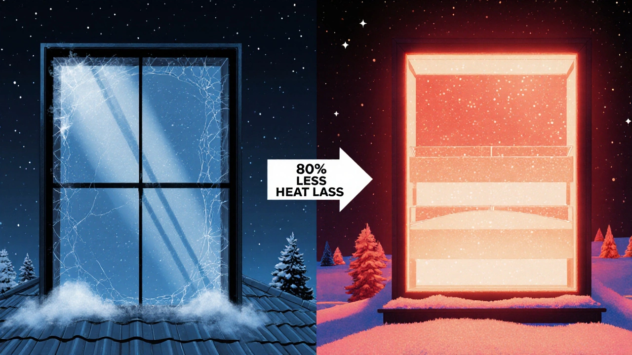 Vergleich von altem und neuem Dachfenster mit technischen Details und Wärmeverlust-Reduktion.