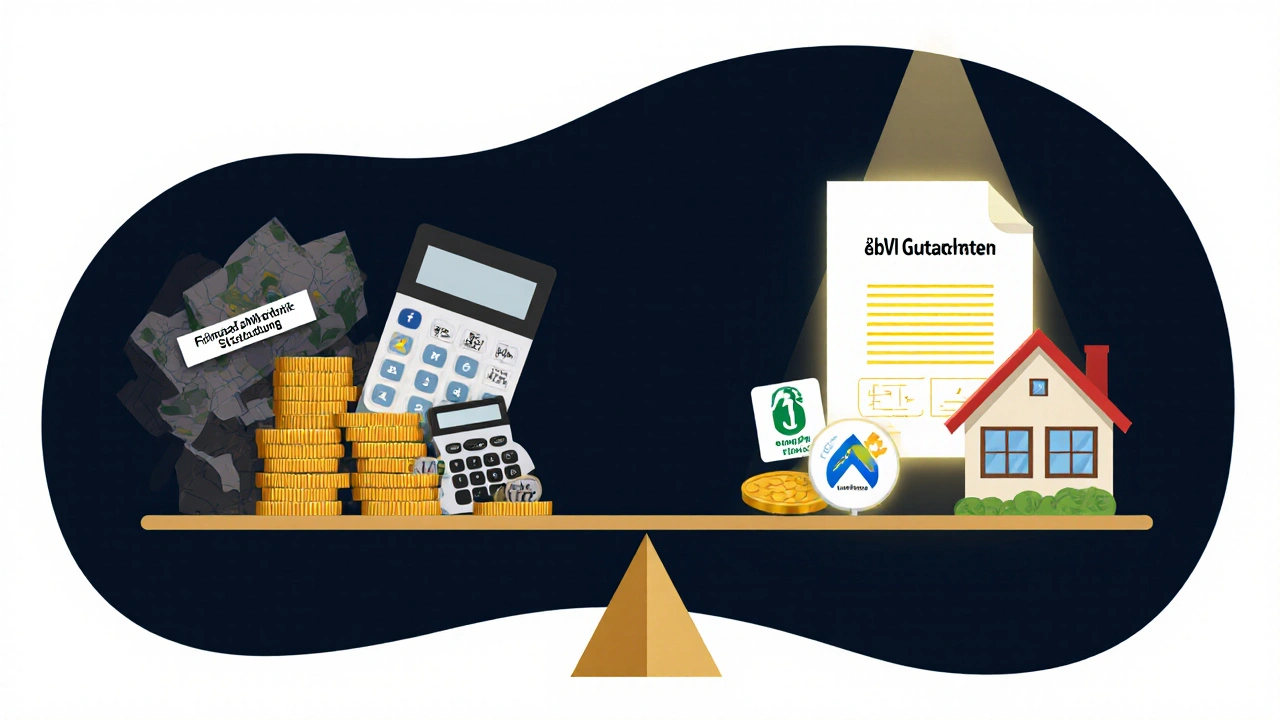 Waage mit falscher Steuerschätzung auf einer Seite und einem unabhängigen Gutachten auf der anderen, beleuchtet von einem Lichtstrahl.