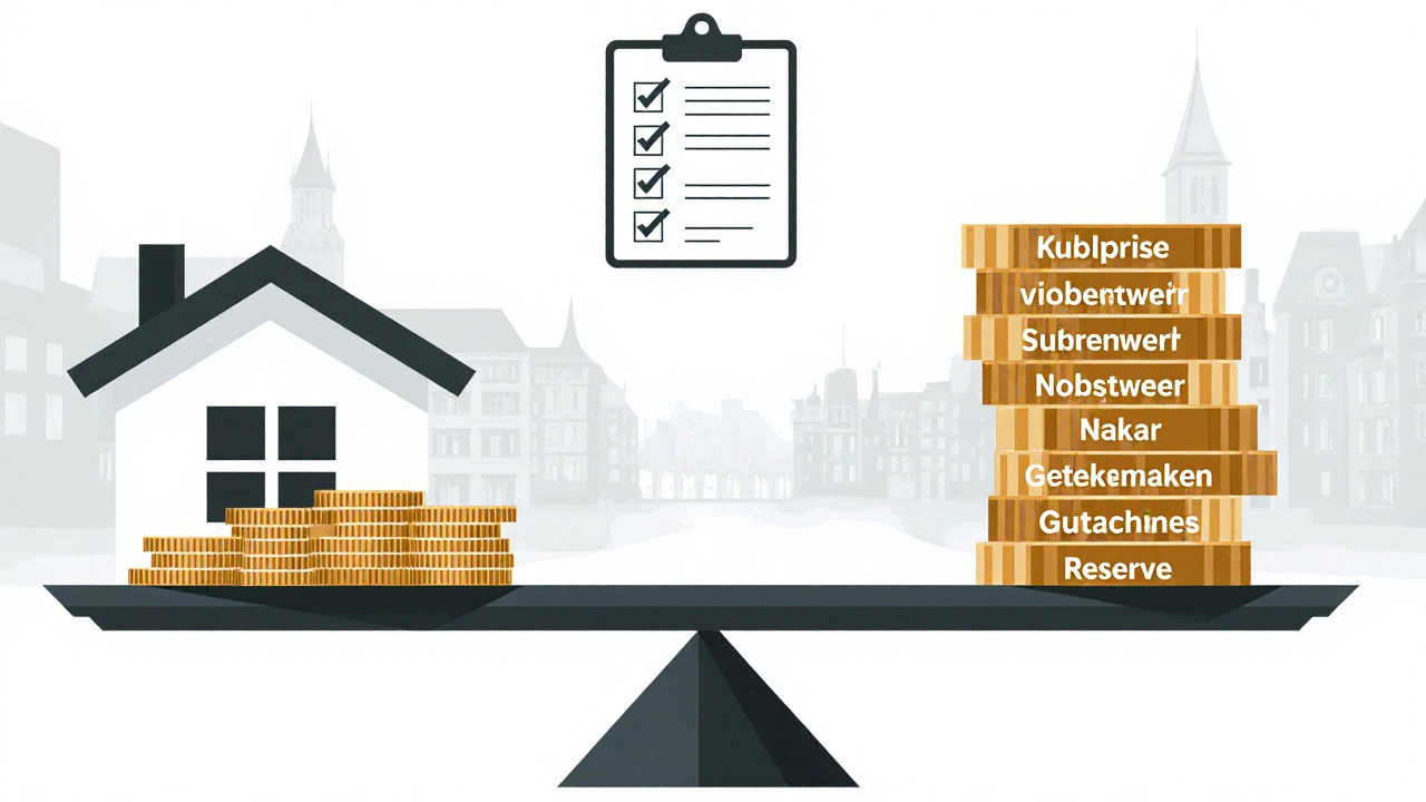 Waage mit Haus und Kostenposten: Grunderwerbsteuer, Notar, Makler und Reserve