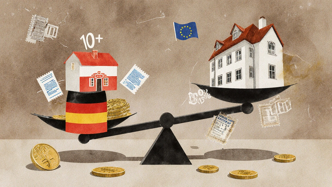 Waage mit Häusern aus Deutschland, Österreich und Spanien, die Kaufnebenkosten vergleicht.