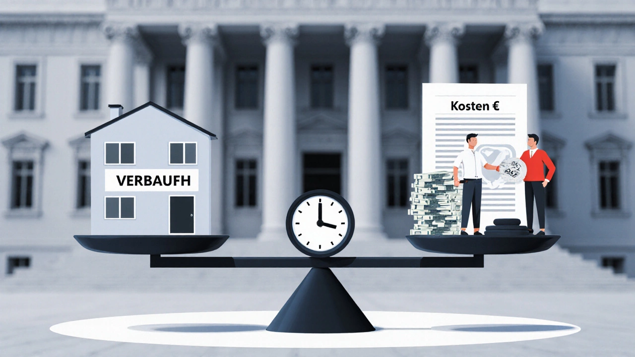 Waage mit Schlüssel und Geldstapel, gegenüber Mieter mit Gerichtsdokumenten und Kostenangabe von 2.800 €.