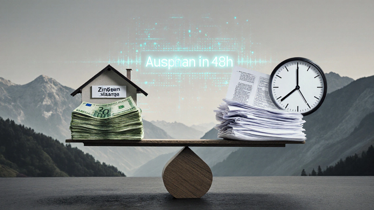 Waage zeigt Zinsersparnis gegenüber bürokratischen Verzögerungen beim Baudarlehen, digitale Auszahlung leuchtet im Hintergrund.