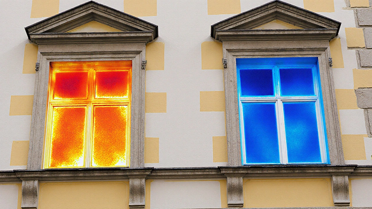 Wärmebild einer Fassade, das Wärmebrücken an schlecht isolierten Fenstern und kühle, effiziente Anschlüsse zeigt.