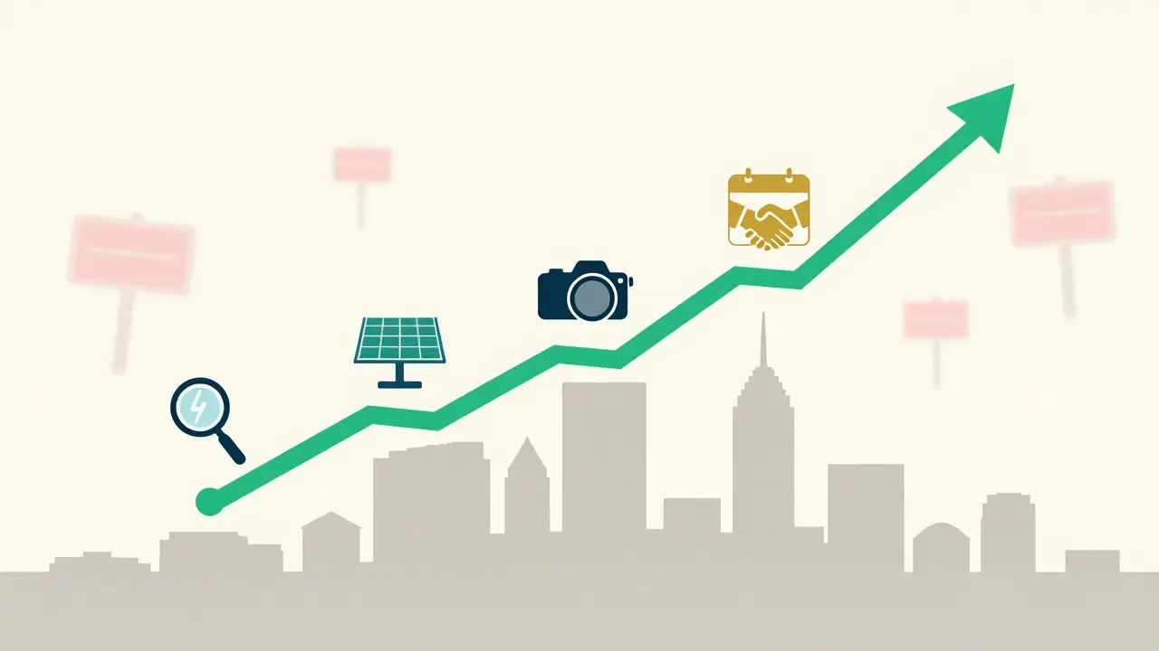6-Monats-Plan mit Symbolen für Marktanalyse, Sanierung und Mieterauswahl über Stadt skyline