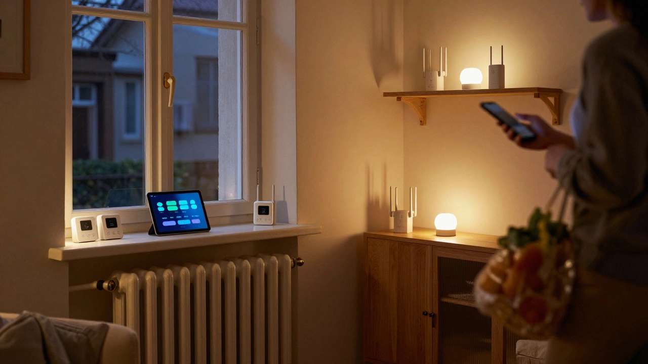 Abendliche Szene mit smarten Heizkörpern, geöffnetem Fenster und Netzwerk-Repeatern in einem alten Wohnzimmer.