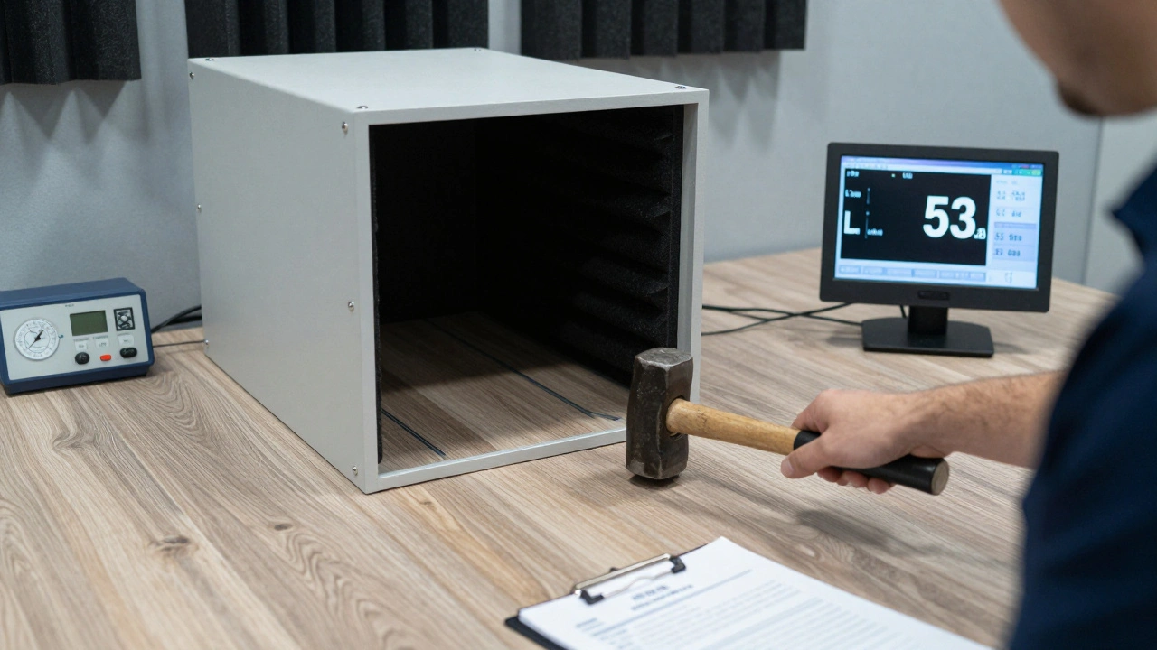 Acoustic technician measuring tread noise levels with calibrated equipment after installing a new floor.