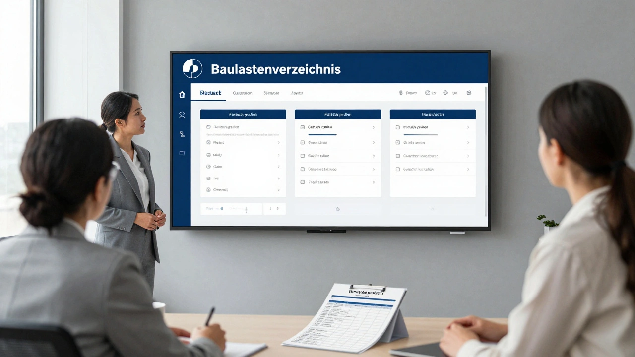 Anwalt und Klient betrachten einen digitalen Baulasten-Auszug auf einem Bildschirm in einem modernen Büro.