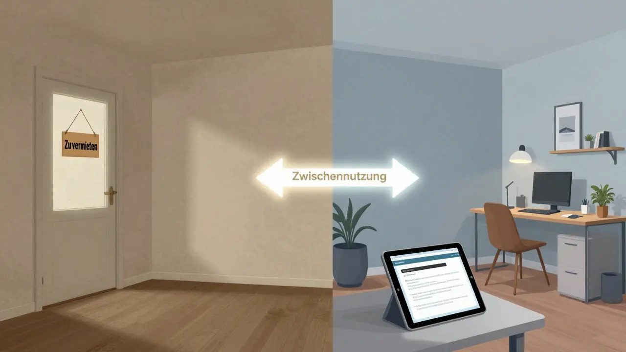 Aufgeteilter Raum: leer und verstaubt links, modern und genutzt rechts mit Co-Working