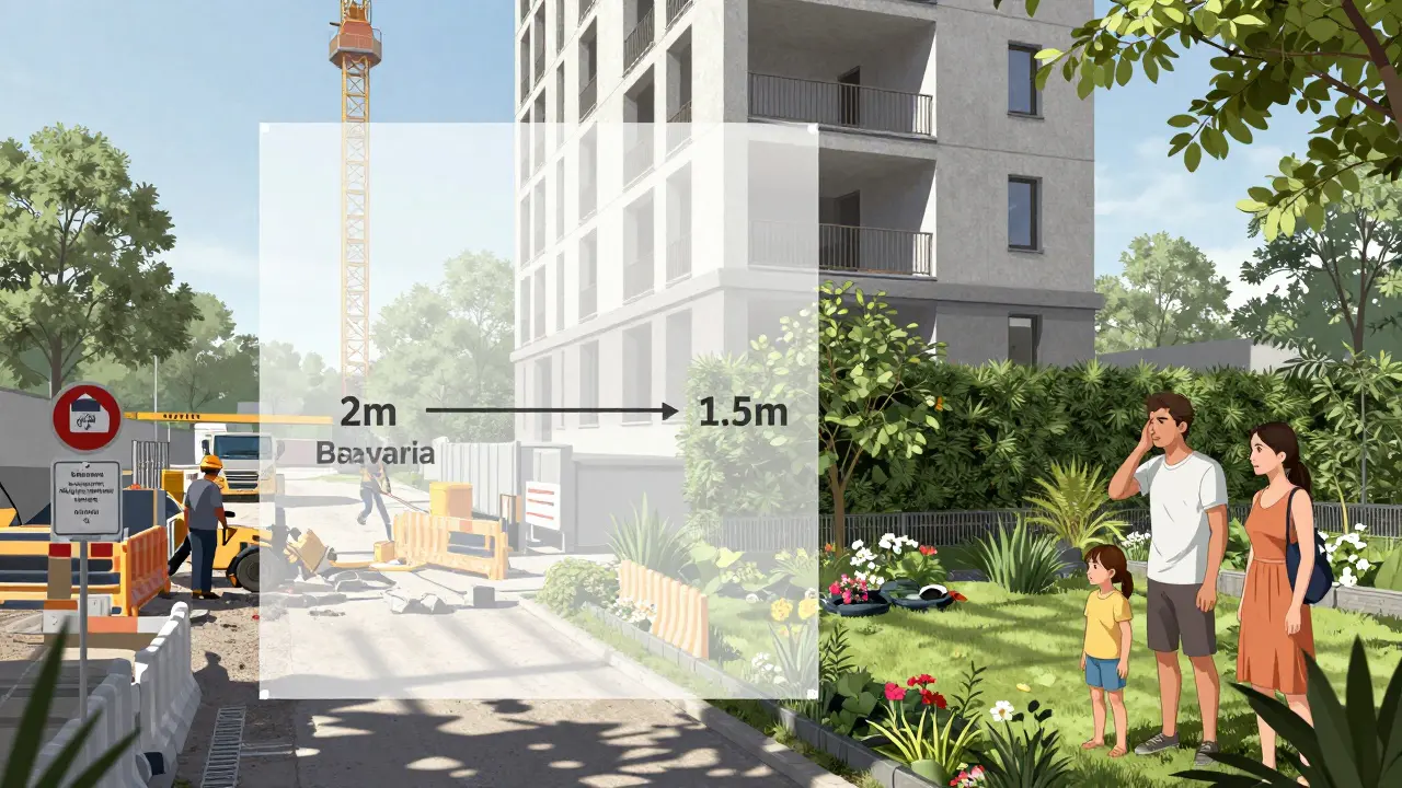 Bauarbeiten nahe der Grundstücksgrenze mit Schattenwurf und besorgtem Nachbarn.