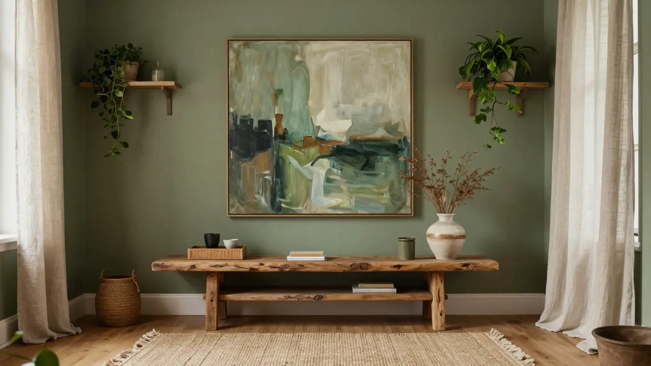 Bohemisches Wohnzimmer mit olivgrünen Wänden, gewebten Teppichen und Zimmerpflanzen in weichem Licht.