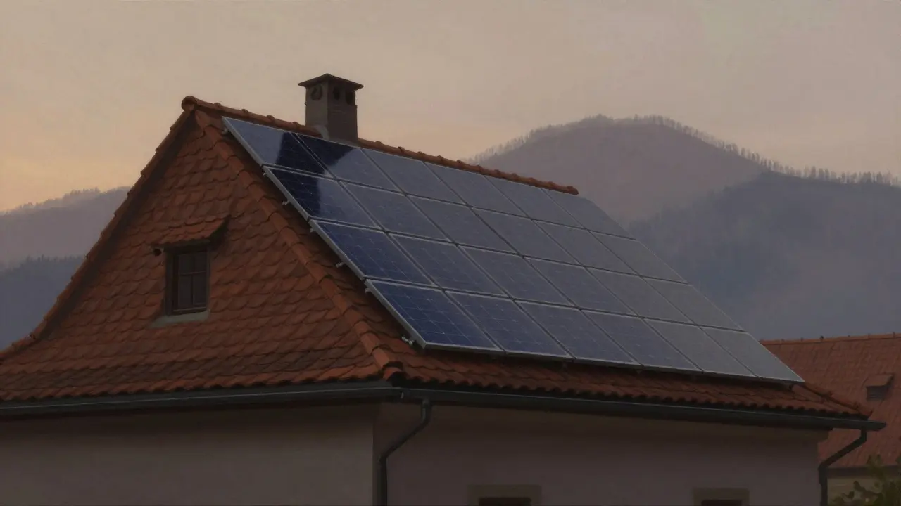 Dach mit traditionellen Ziegeln und unsichtbaren Solardachziegeln, die Strom erzeugen, bei Dämmerung.