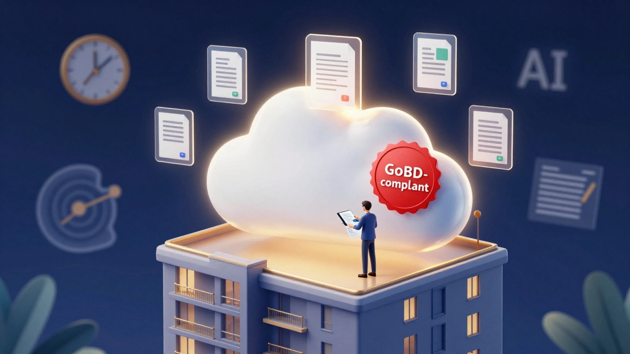 Digitales Archivsystem mit Dokumenten-Icons, die über ein Wohngebäude schweben, begleitet von GoBD-Siegel und 2025-Uhr.