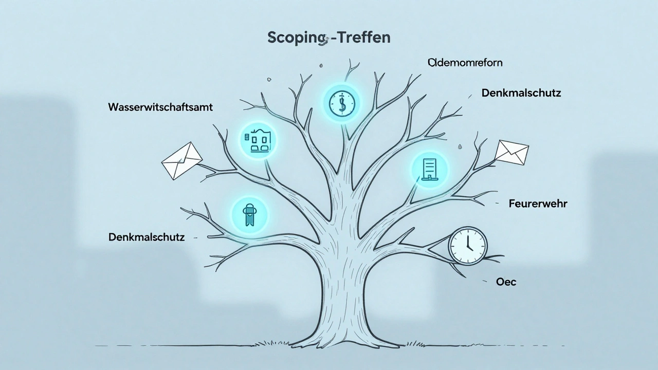 Ein Baum mit Ästen für Behörden, davon einige digital und belastet, symbolisiert Beteiligungsprozesse.