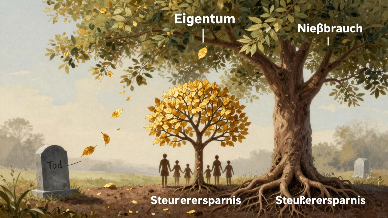 Ein Baum mit Wurzeln als Eigentum und Ästen als Nießbrauch, Blätter fallen auf eine Familiengeschichte, ein Grabstein markiert das Ende des Nießbrauchs.
