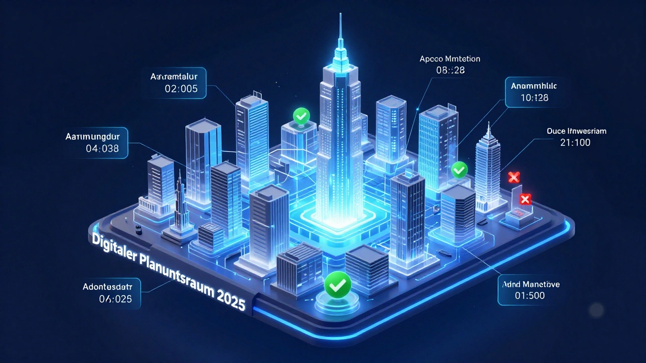 Ein digitales Stadtmodell mit vernetzten Behördenknoten im zentralen Planungsraum 2025.