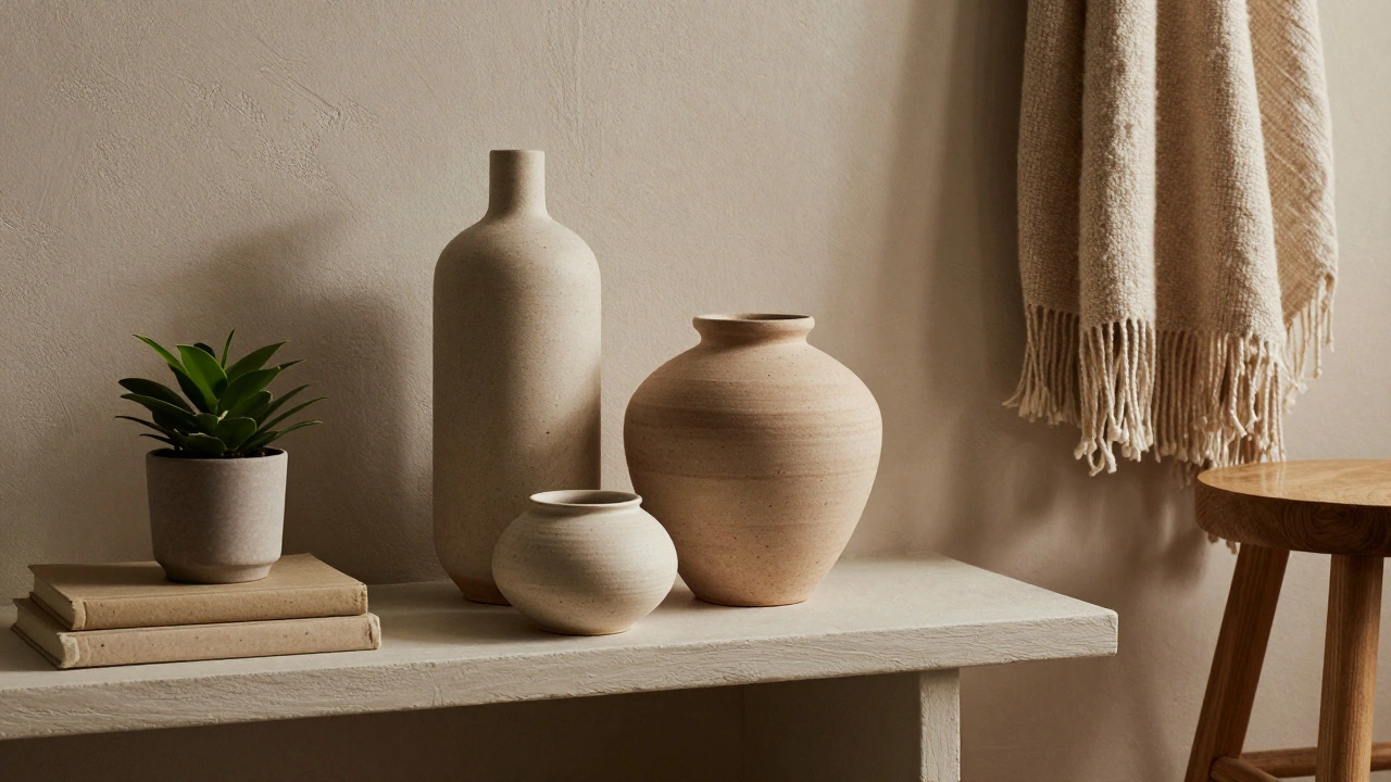 Ein Regal mit drei Vasen unterschiedlicher Höhe, einer Pflanze und Büchern in erdigen Farben.