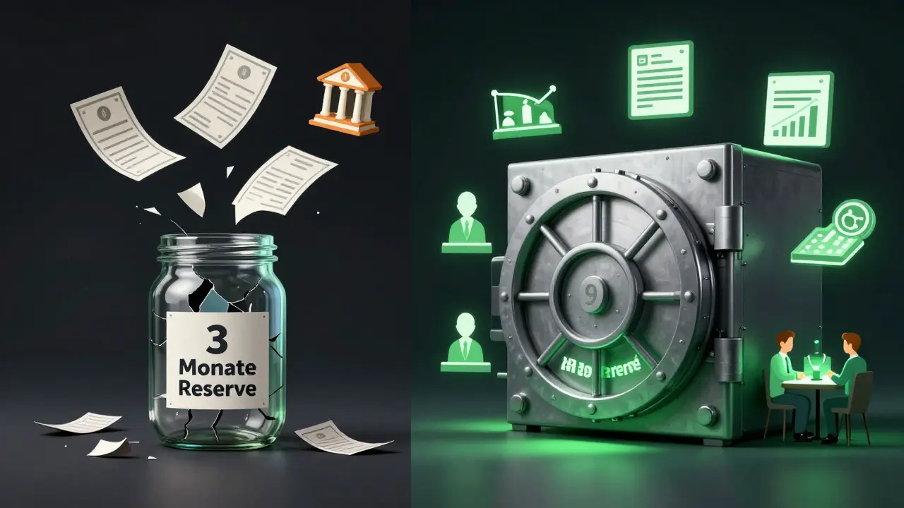 Ein zerbrechliches Glasgefäß mit 3-Monats-Reserve gegen einen stabilen Metallkasten mit 9-Monats-Reserve.