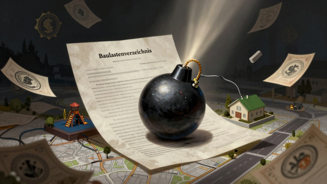Eine verborgene Zeitbombe in einer Grundstücksurkunde mit Symbolen für Dachbegrünung, Spielplatz und Erschließung.