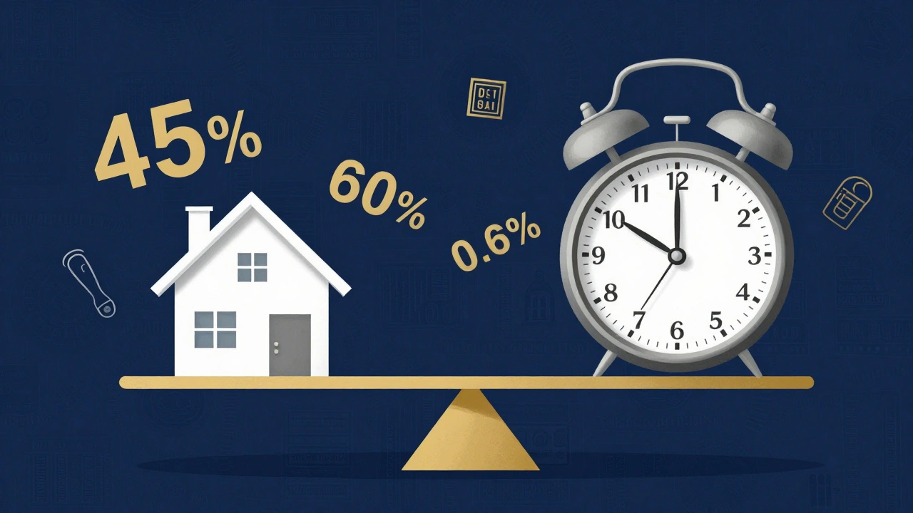 Eine Waage mit einem Haus und einem Alterstimer, umgeben von prozentualen Werten und einem Notarstempel, symbolisiert die Steuerersparnis beim Nießbrauch.