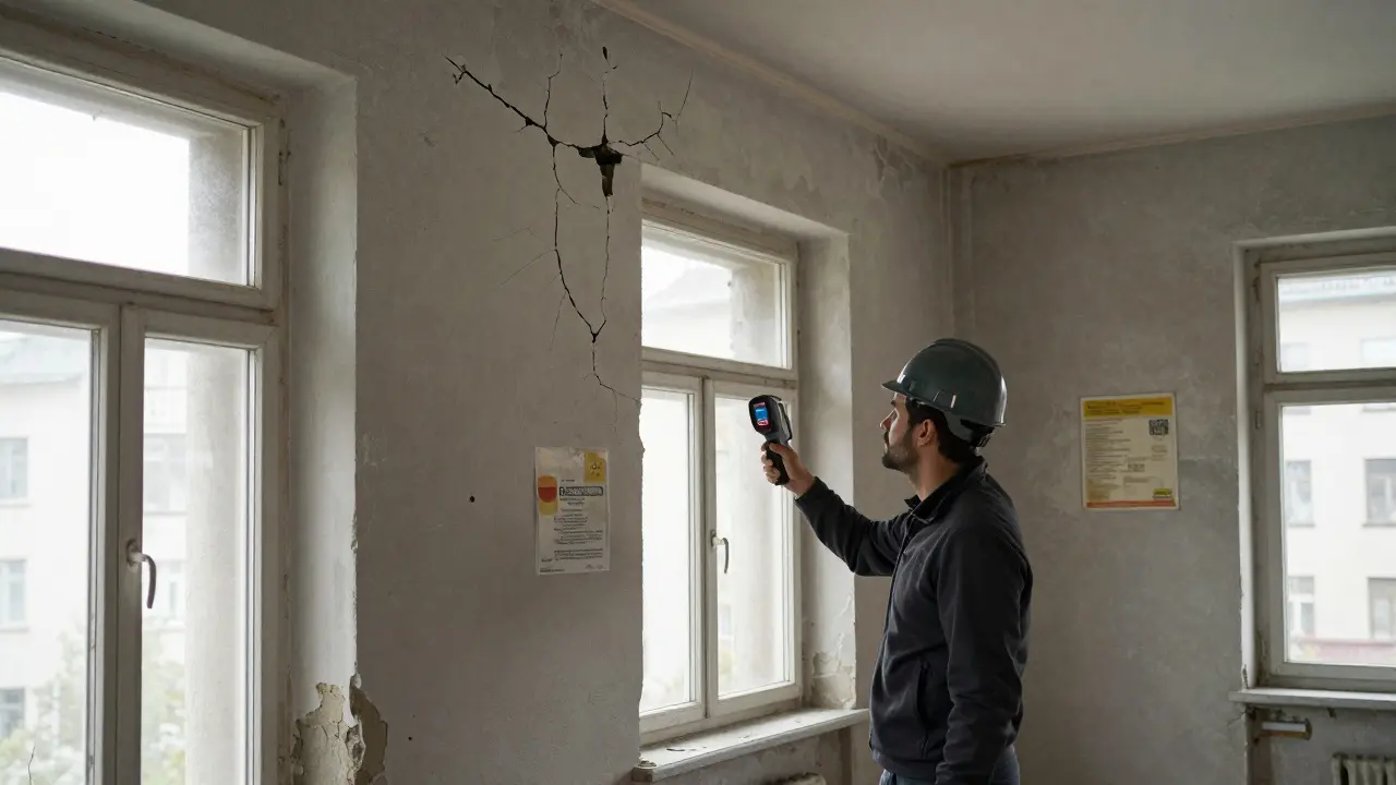 Experte untersucht alte Fassade eines Mehrfamilienhauses mit Wärmebildkamera.