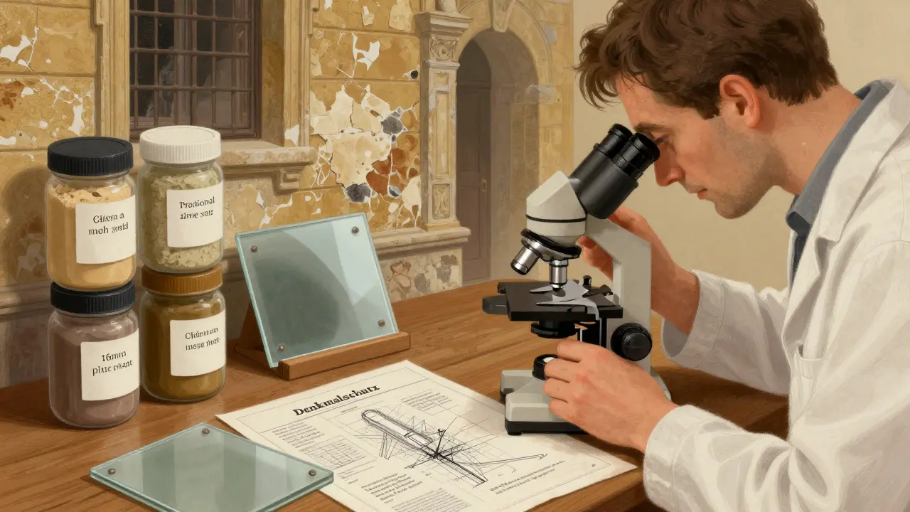 Experte untersucht Farbprobe an historischer Fassade mit Mikroskop und Materialproben.