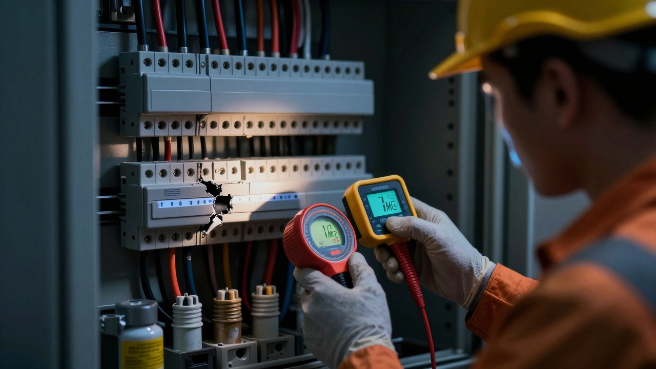 Fachmann misst mit Messgeräten den Isolationswiderstand in einem Sicherungskasten mit veralteten Sicherungen.