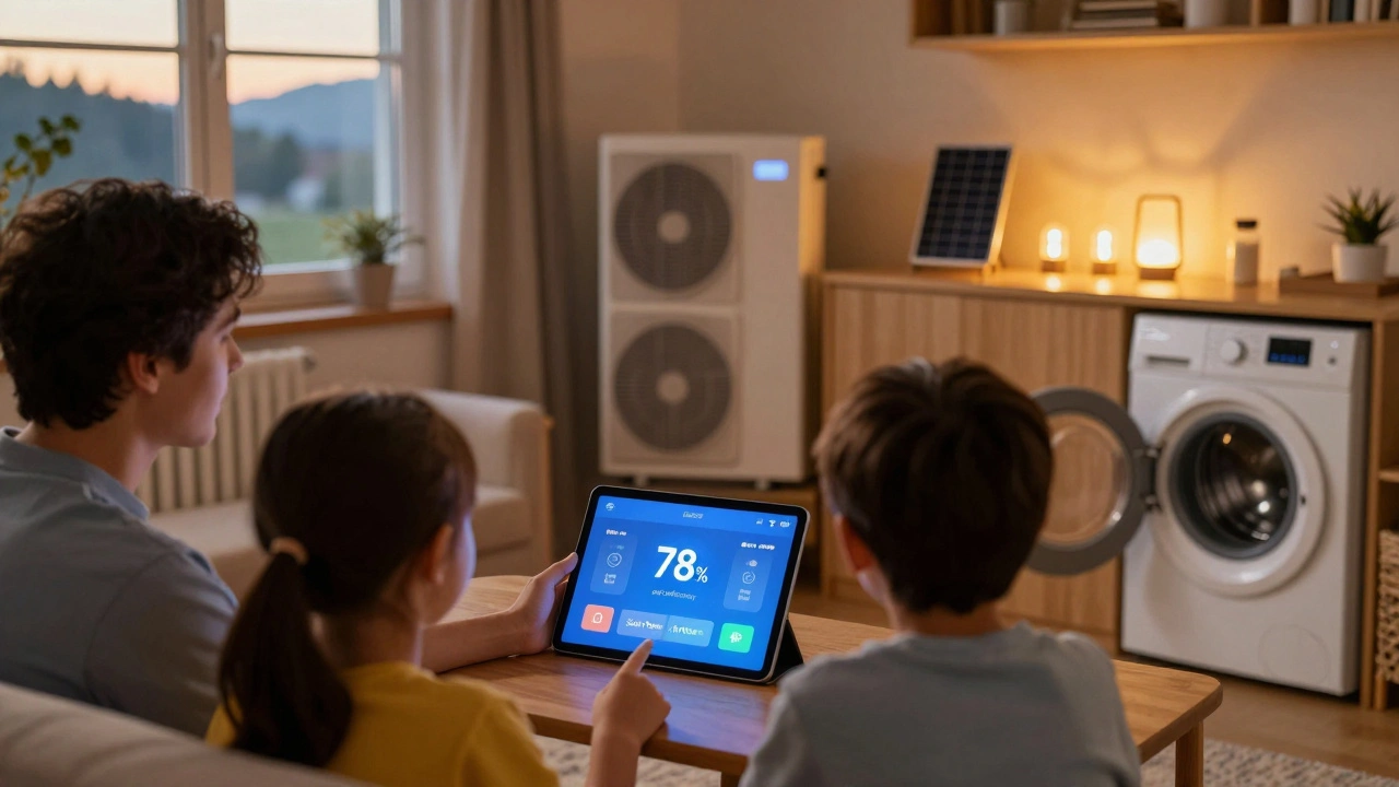 Familie im Wohnzimmer, Smart-App zeigt 78 % Autarkiegrad, Waschmaschine läuft mit Solarstrom.