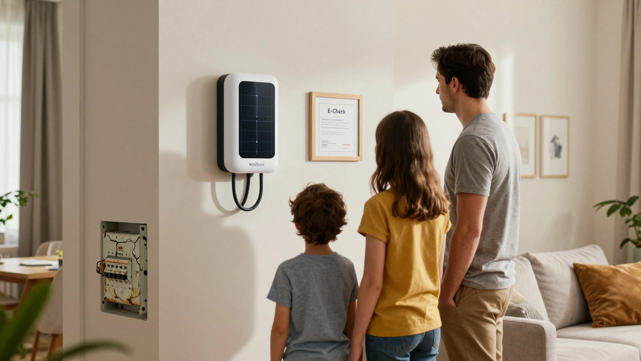 Familie neben moderner Elektroinstallation, ein Prüfprotokoll an der Wand, alte Sicherungskasten im Hintergrund.