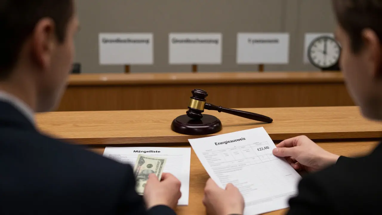 Gerichtssaal mit Dokumenten zum Privatverkauf und hoher Reparaturrechnung im Hintergrund