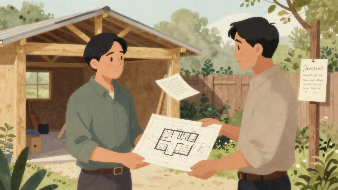 Hausbesitzer übergibt Nachbarn schriftliche Bauunterlagen mit Plänen im Garten.