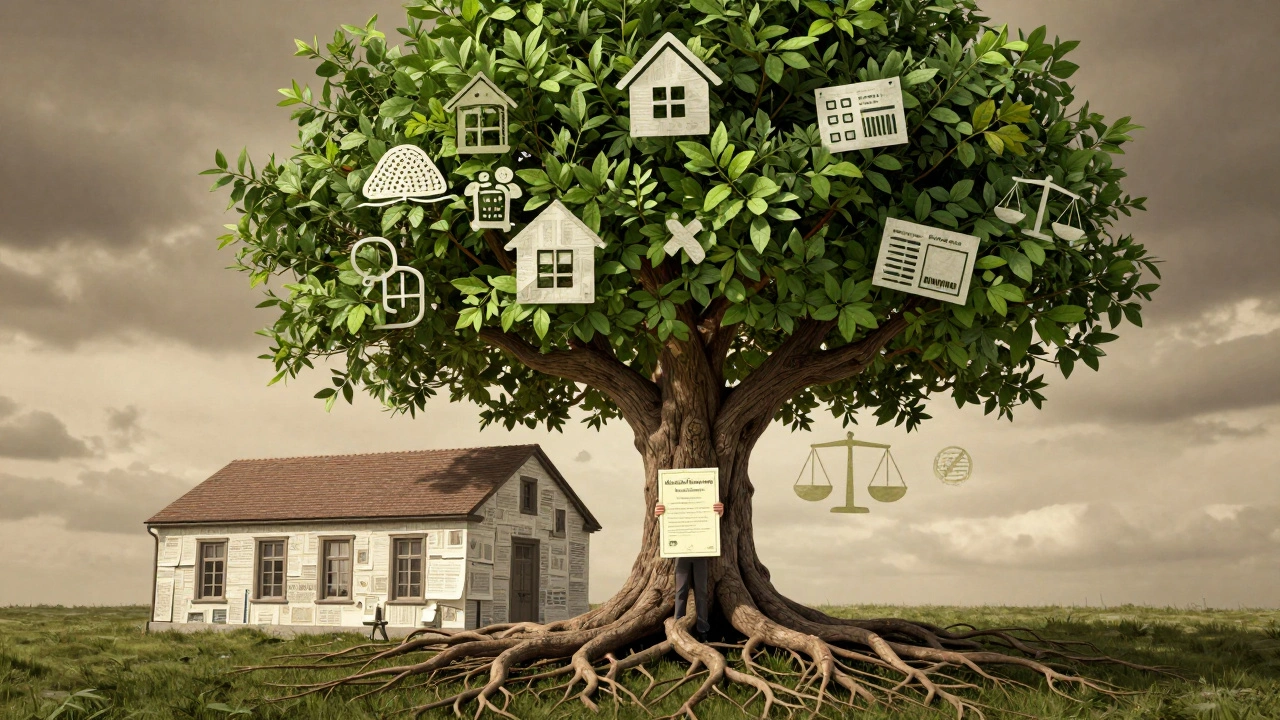 Historisches Gebäude verwandelt sich in einen Baum, dessen Blätter steuerlich absetzbare Kosten darstellen.