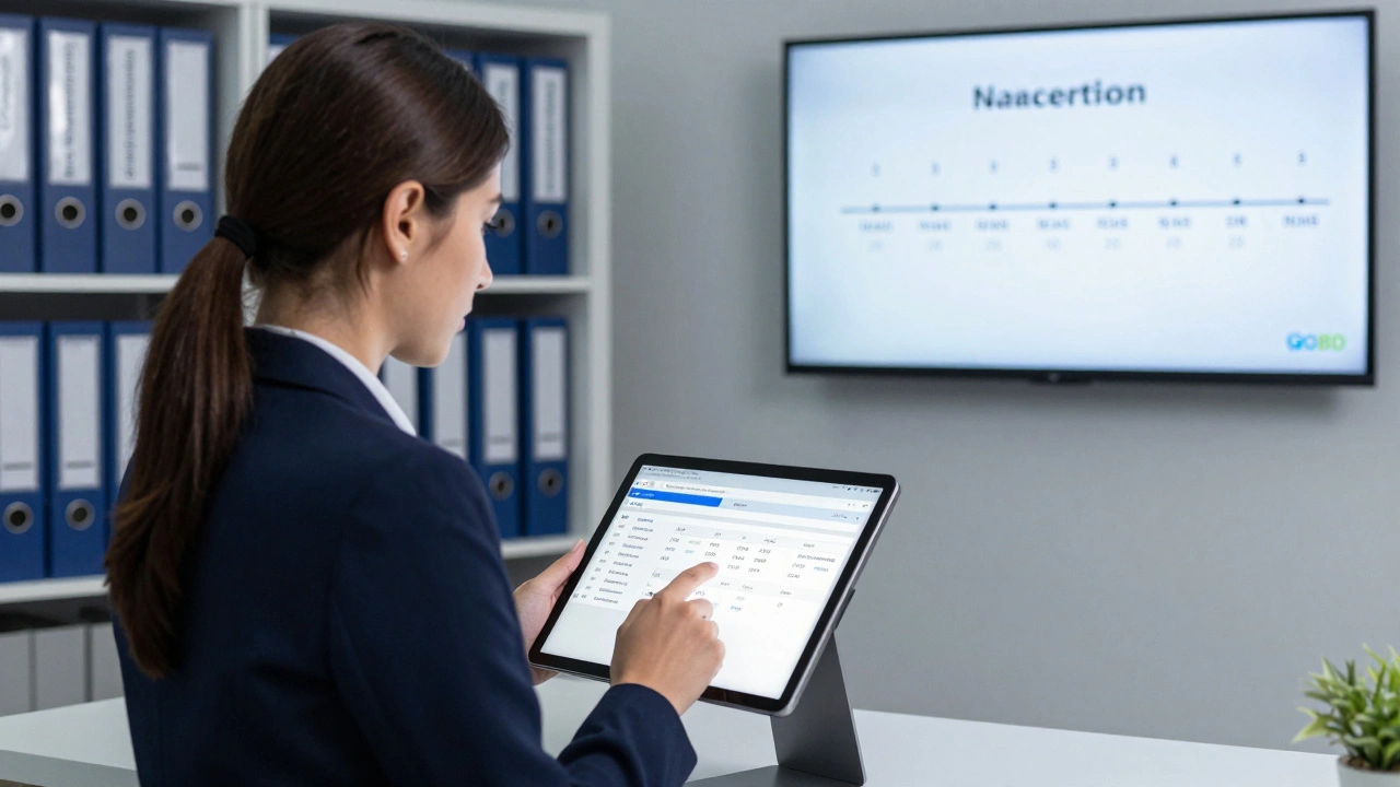 Immobilienverwalterin sucht in einem digitalen Archivsystem nach Dokumenten mit Retentionsfristen.